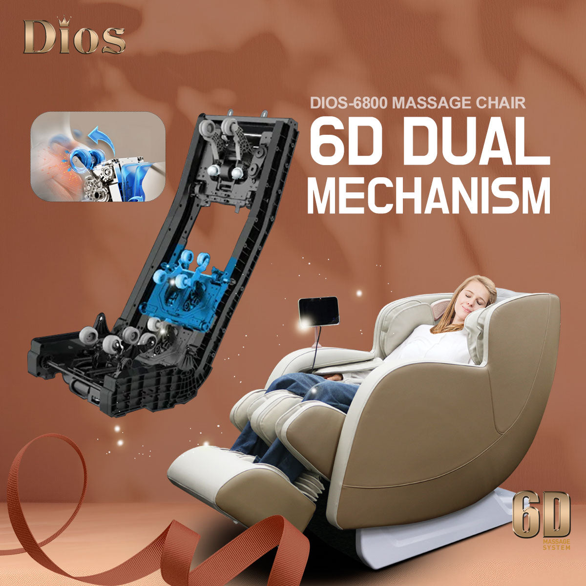 Kahuna Dios-6800 6D SL-Track Massage Chair with Dual-Core Air Rollers & Full-Body Relaxation Features