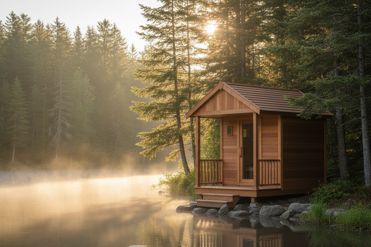 Photorealistic luxury wellness scene at sunrise. A small cedar Georgian-style outdoor sauna that looks like a mini house, matching the design of the Dundalk LeisureCraft Georgian Sauna with front porch: peaked roof, horizontal cedar planks, glass door, and a covered wooden porch with railings.

The sauna sits in a quiet forest beside a still lake with subtle ripples, surrounded by evergreen trees. Morning mist rises gently from the water, soft steam drifting through the trees. Warm golden sunrise light 