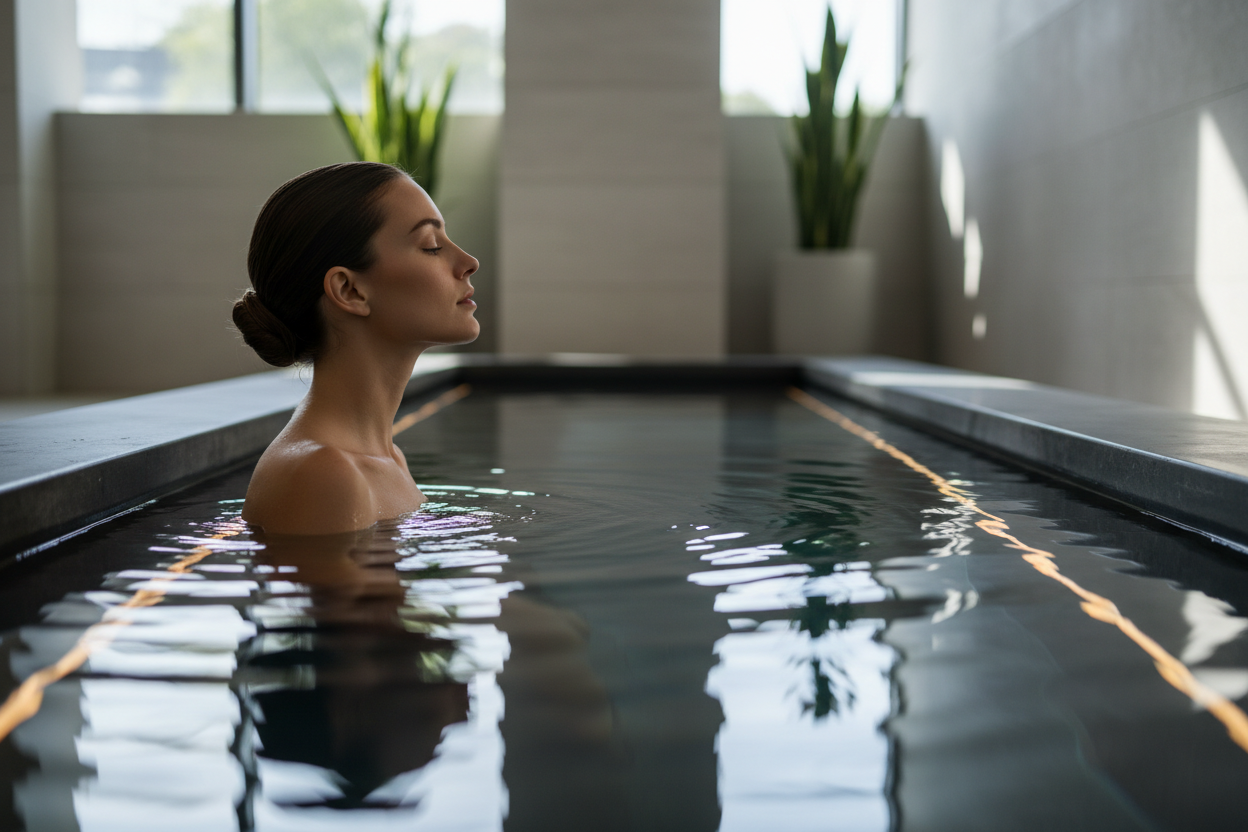 Spa-Luxe Portrait

“Elegant woman sitting in a sleek indoor cold plunge, close-up side profile, soft natural lighting, reflections on water surface, cool silver-blue hues, minimalist architecture, luxury wellness atmosphere.”